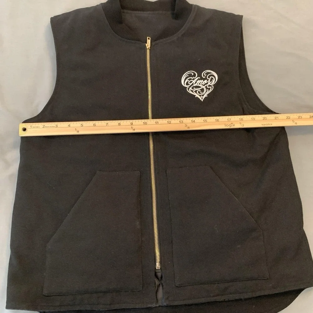 Amor Heart Vest Mens Large Black Canvas Quilted Full Zip Lined‎ Pockets Rodeo